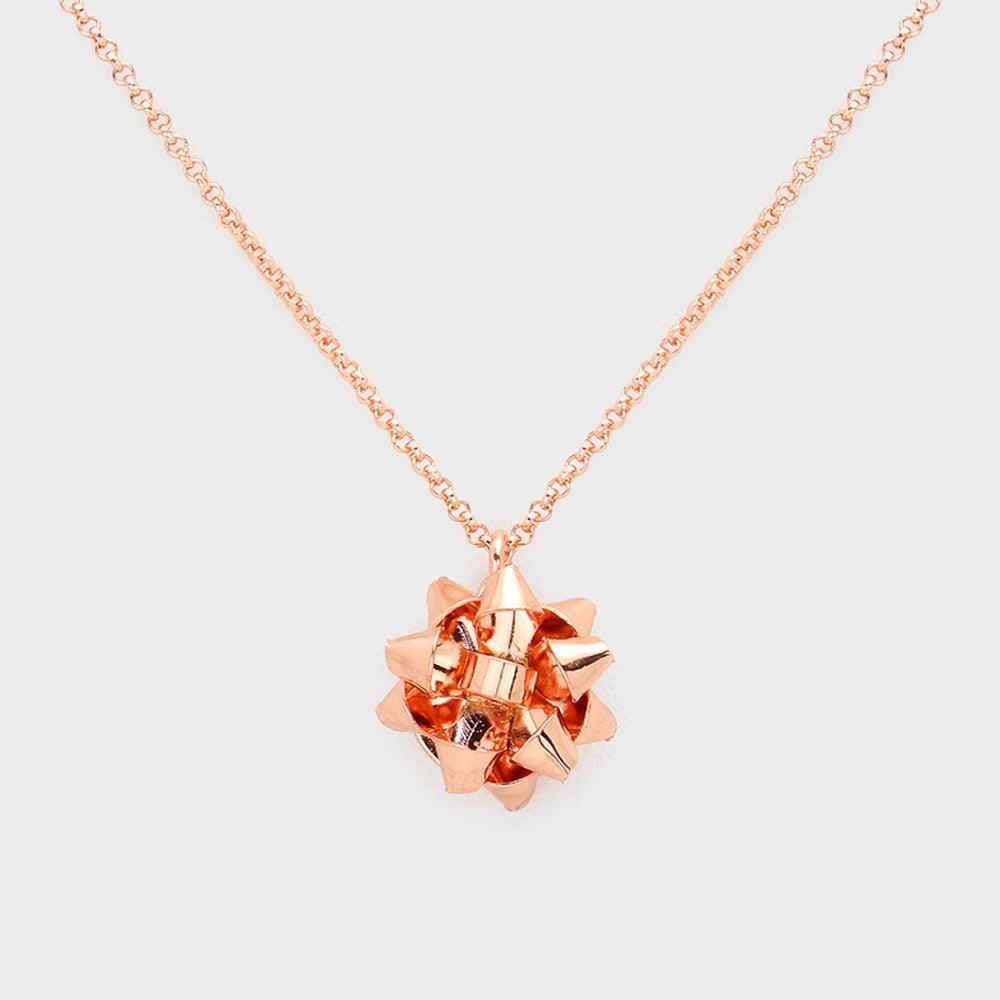 Rose Gold Metal Christmas Gift Bow Pendant Necklace - Jewelry Store by Erik Rayo
