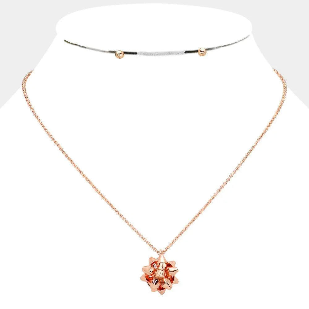 Rose Gold Metal Christmas Gift Bow Pendant Necklace - Jewelry Store by Erik Rayo