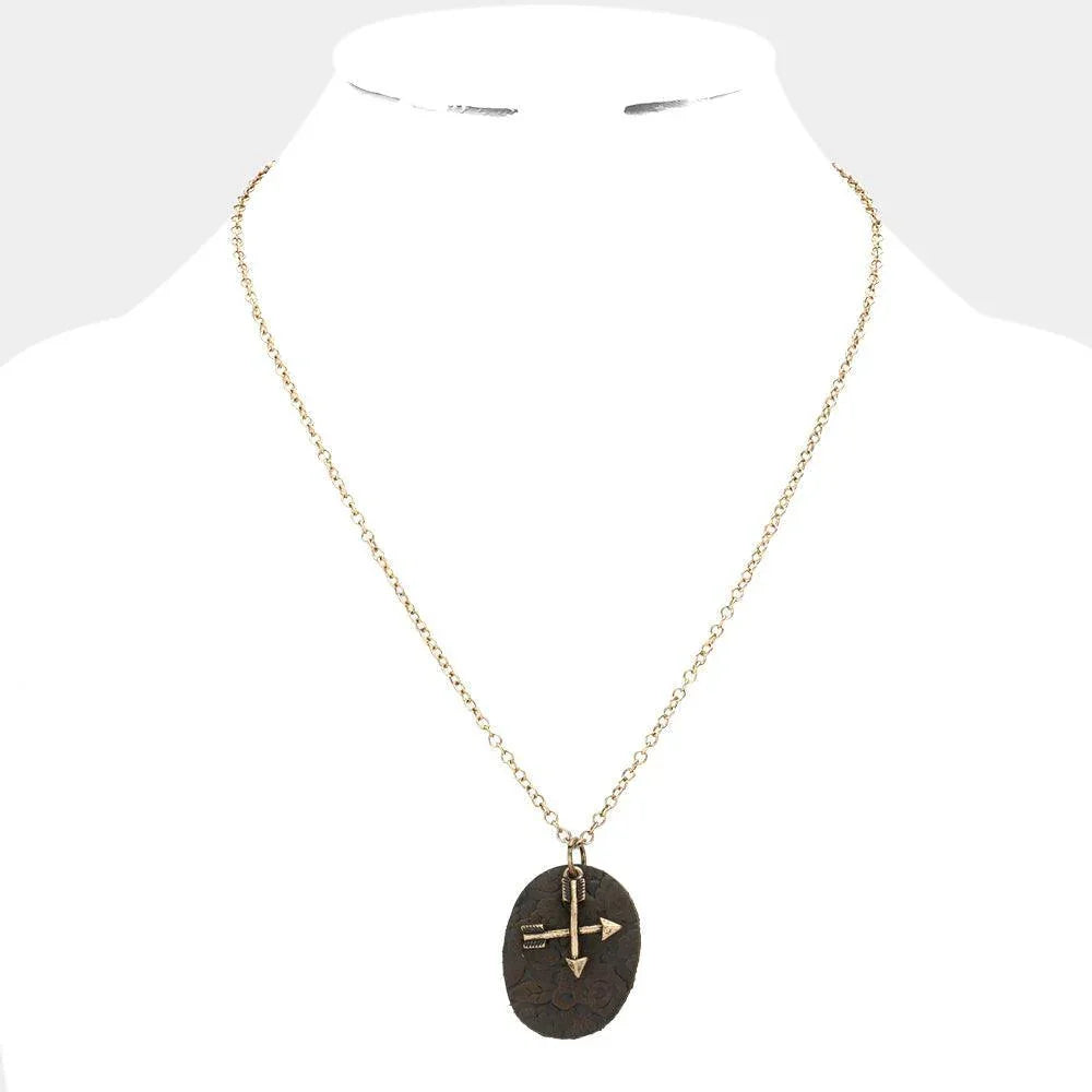 Gold Oval Faux Leather Metal Arrow Pendant Necklace - Jewelry Store by Erik Rayo