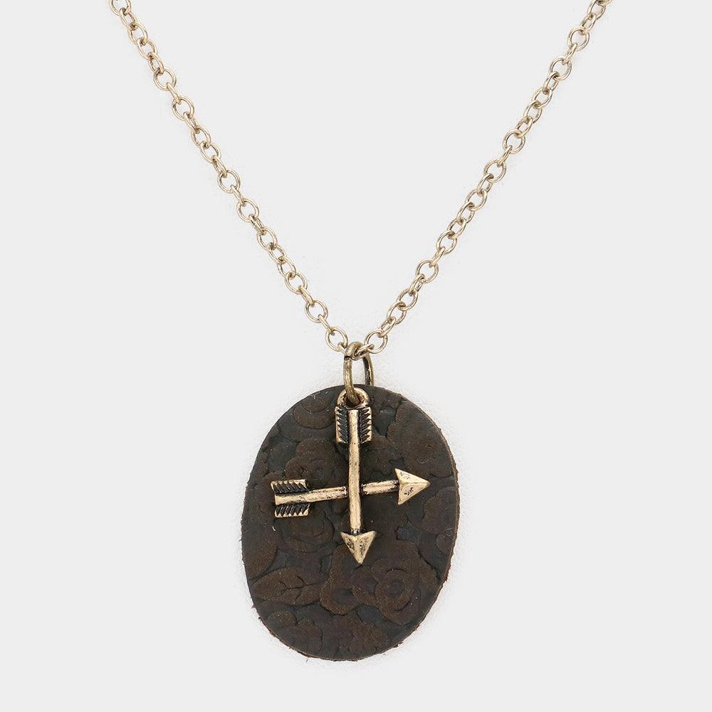 Gold Oval Faux Leather Metal Arrow Pendant Necklace - Jewelry Store by Erik Rayo