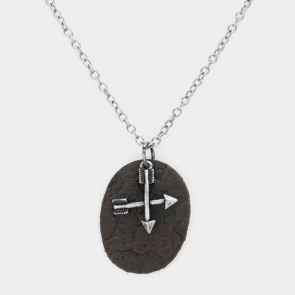 Silver Oval Faux Leather Metal Arrow Pendant Necklace - Jewelry Store by Erik Rayo