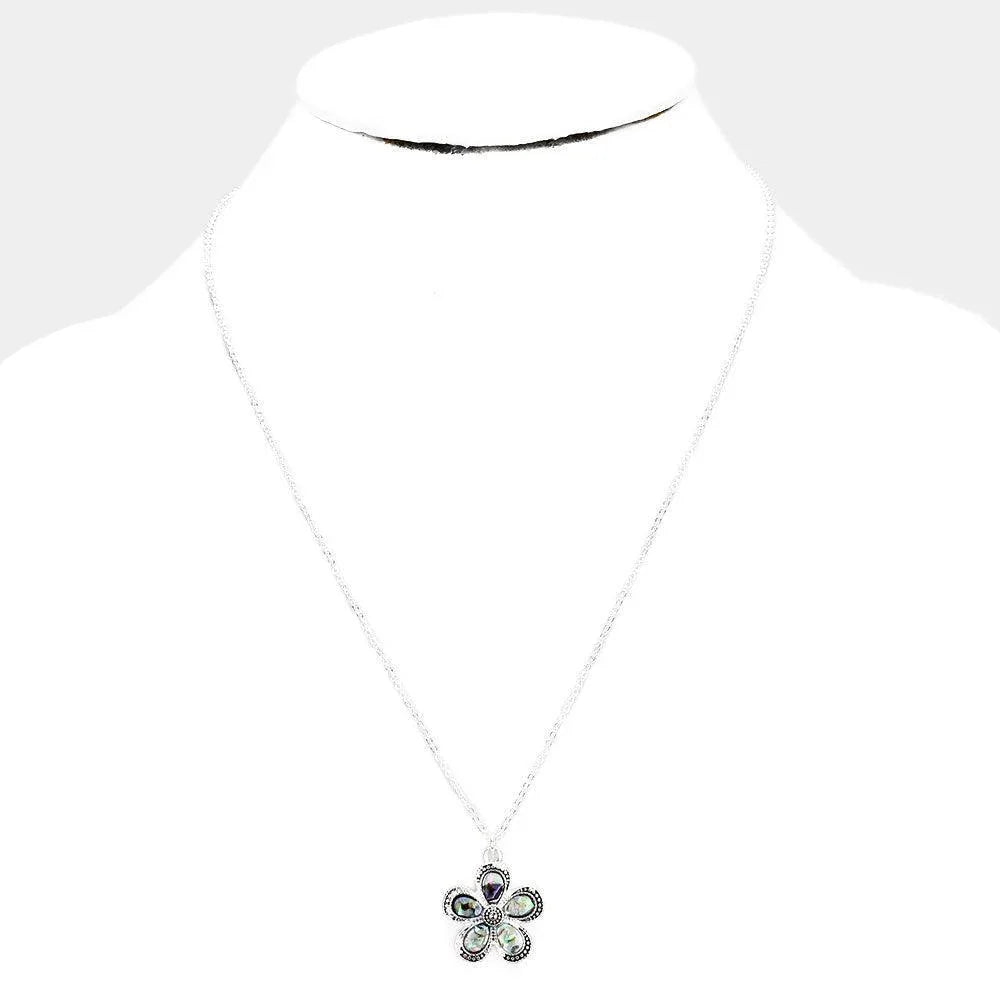 Silver Antique Sliver Abalone Flower Pendant Necklace - Jewelry Store by Erik Rayo