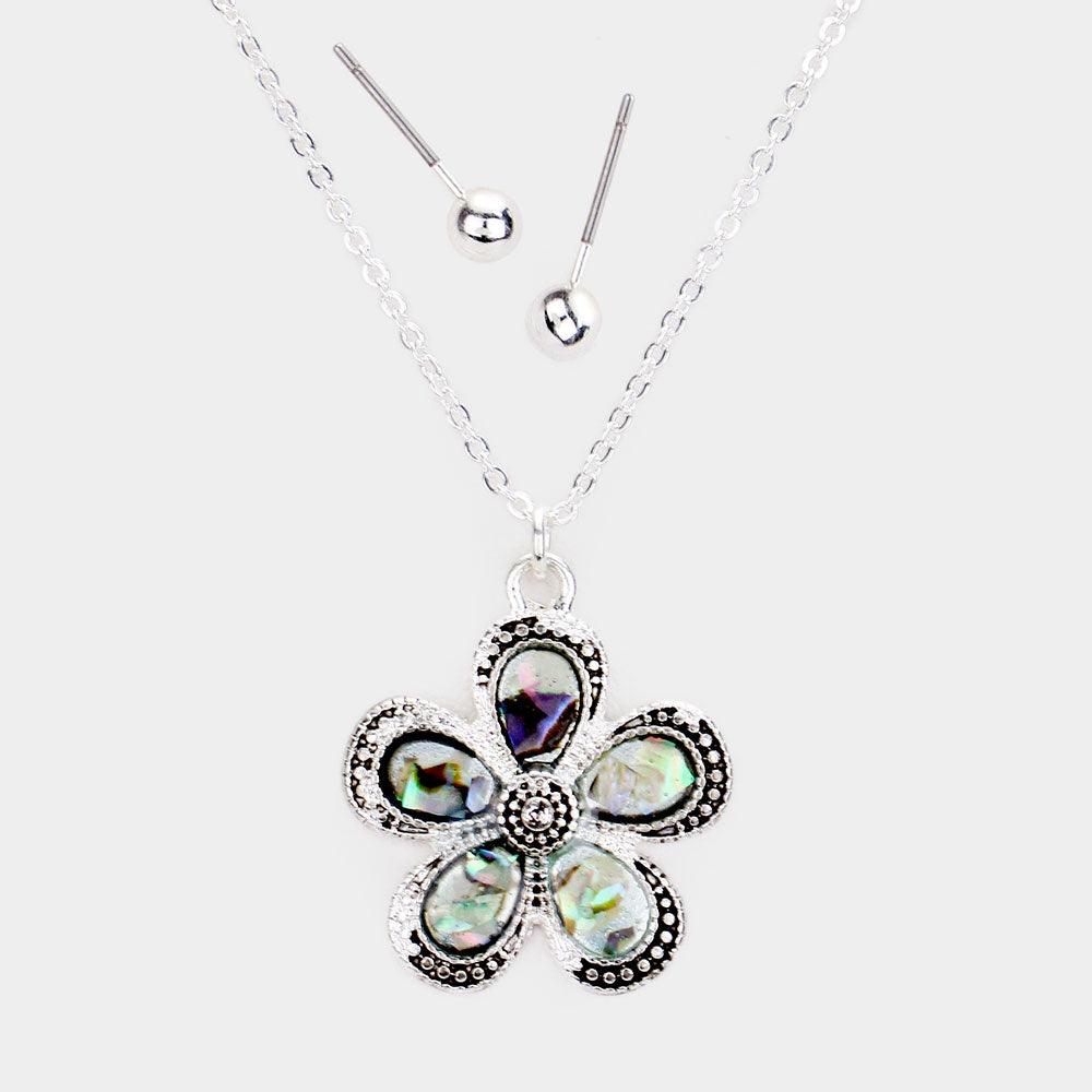 Silver Antique Sliver Abalone Flower Pendant Necklace