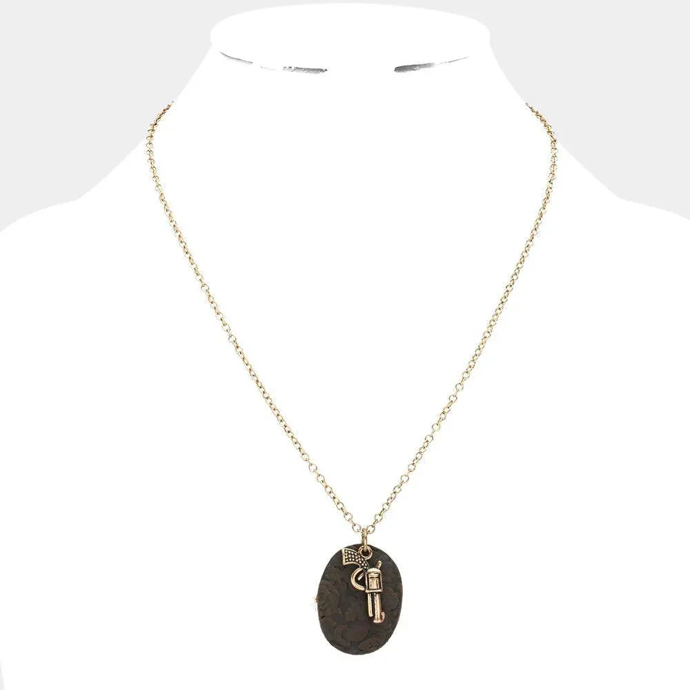 Gold Oval Faux Leather Metal Gun Pendant Necklace - Jewelry Store by Erik Rayo
