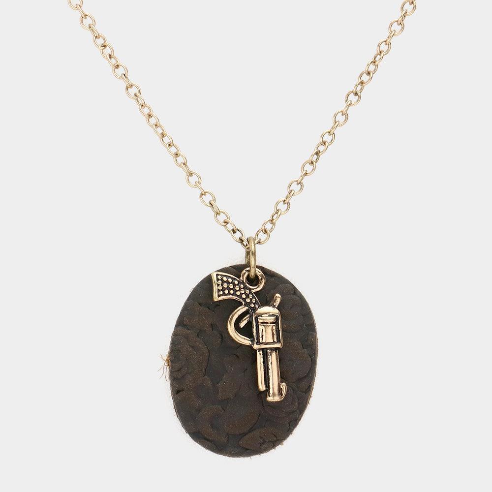 Gold Oval Faux Leather Metal Gun Pendant Necklace - Jewelry Store by Erik Rayo