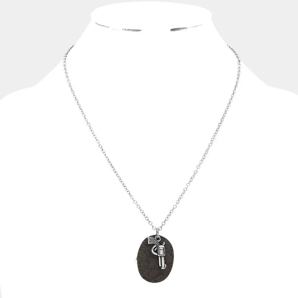 Silver Oval Faux Leather Metal Gun Pendant Necklace - Jewelry Store by Erik Rayo