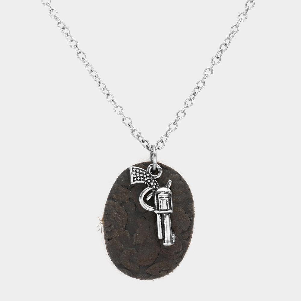 Silver Oval Faux Leather Metal Gun Pendant Necklace - Jewelry Store by Erik Rayo