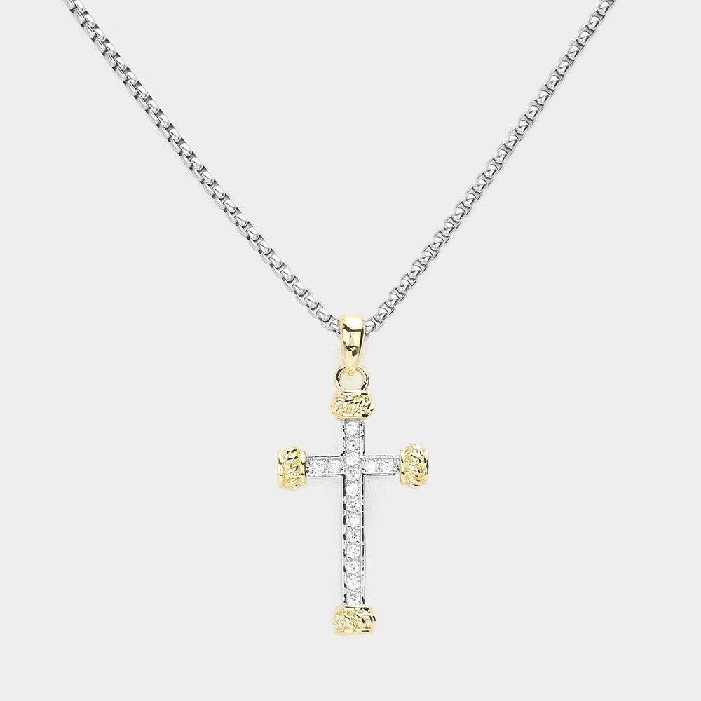 Two Tone CZ Embellished Cross Pendant Necklace - Jewelry Store by Erik Rayo
