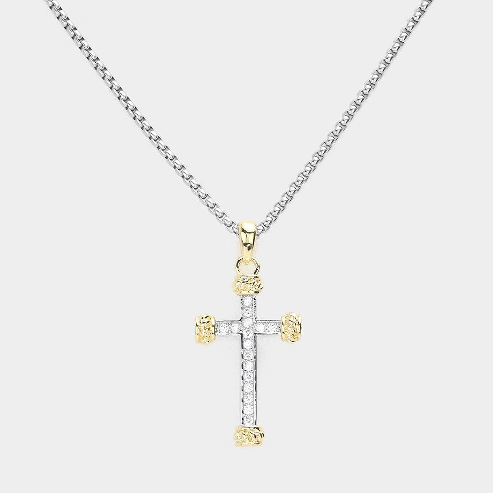 Two Tone CZ Embellished Cross Pendant Necklace