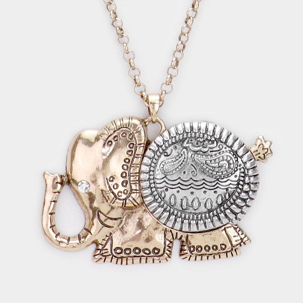 Silver Antique Pattern Elephant Pendant Necklace - Jewelry Store by Erik Rayo