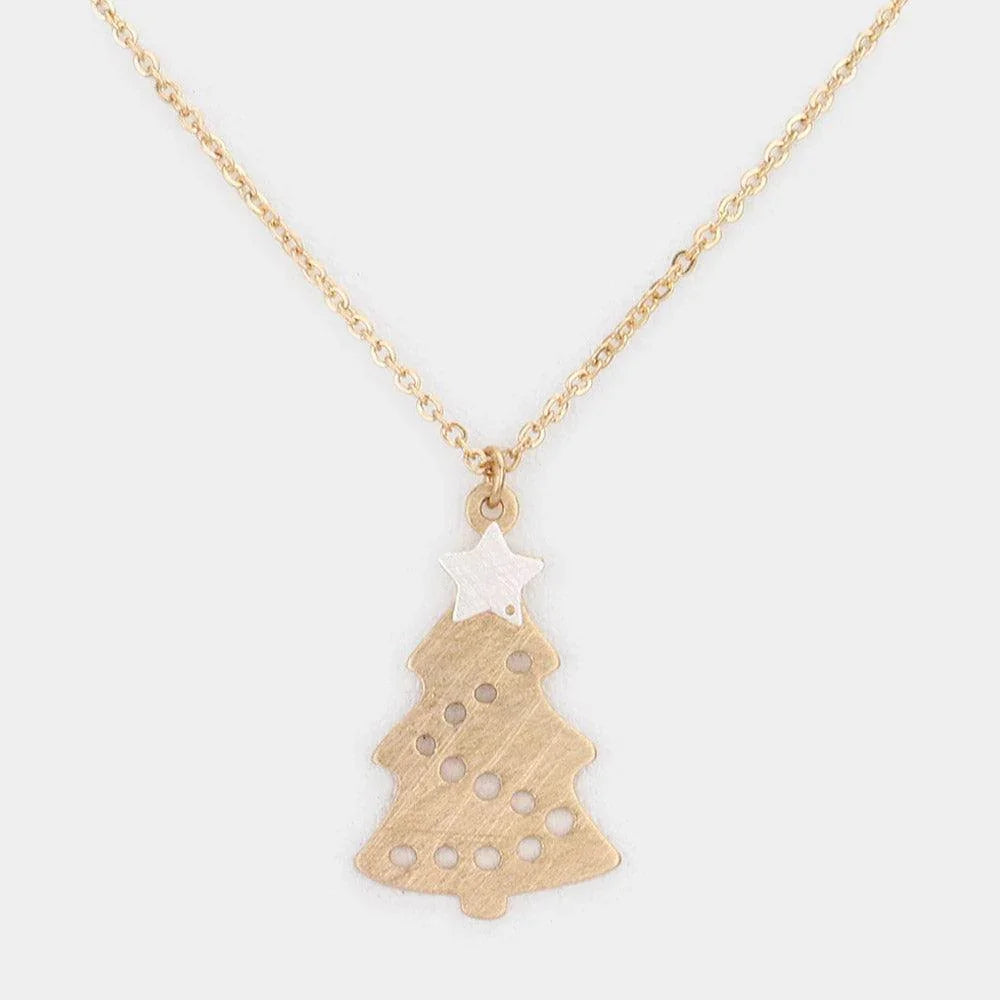 Silver Worn Metal Christmas Tree Pendant Necklace - Jewelry Store by Erik Rayo