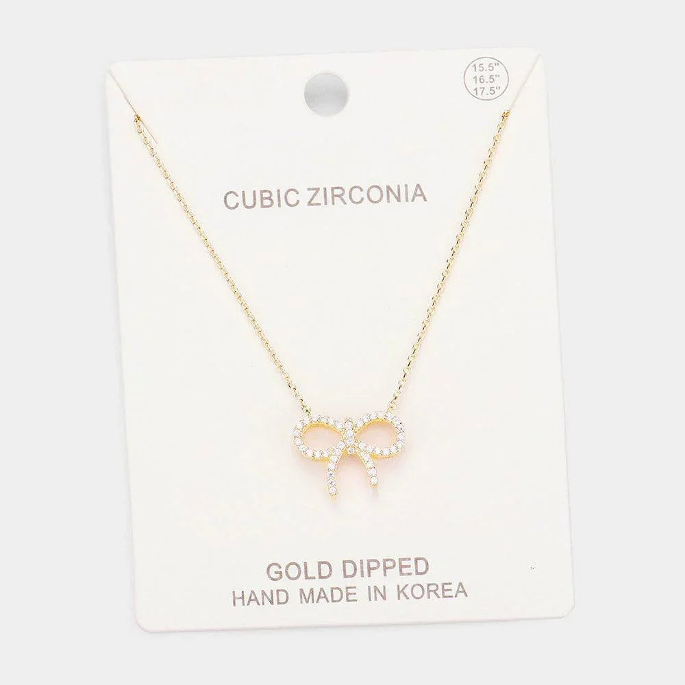 Gold Gold Dipped Cubic Zirconia Bow Pendant Necklace - Jewelry Store by Erik Rayo