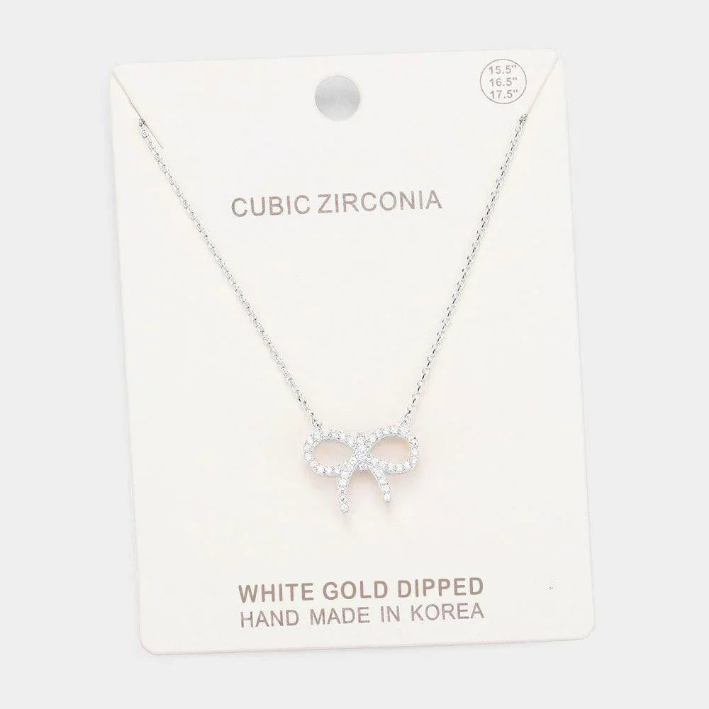 Gold White Gold Dipped Cubic Zirconia Bow Pendant Necklace - Jewelry Store by Erik Rayo