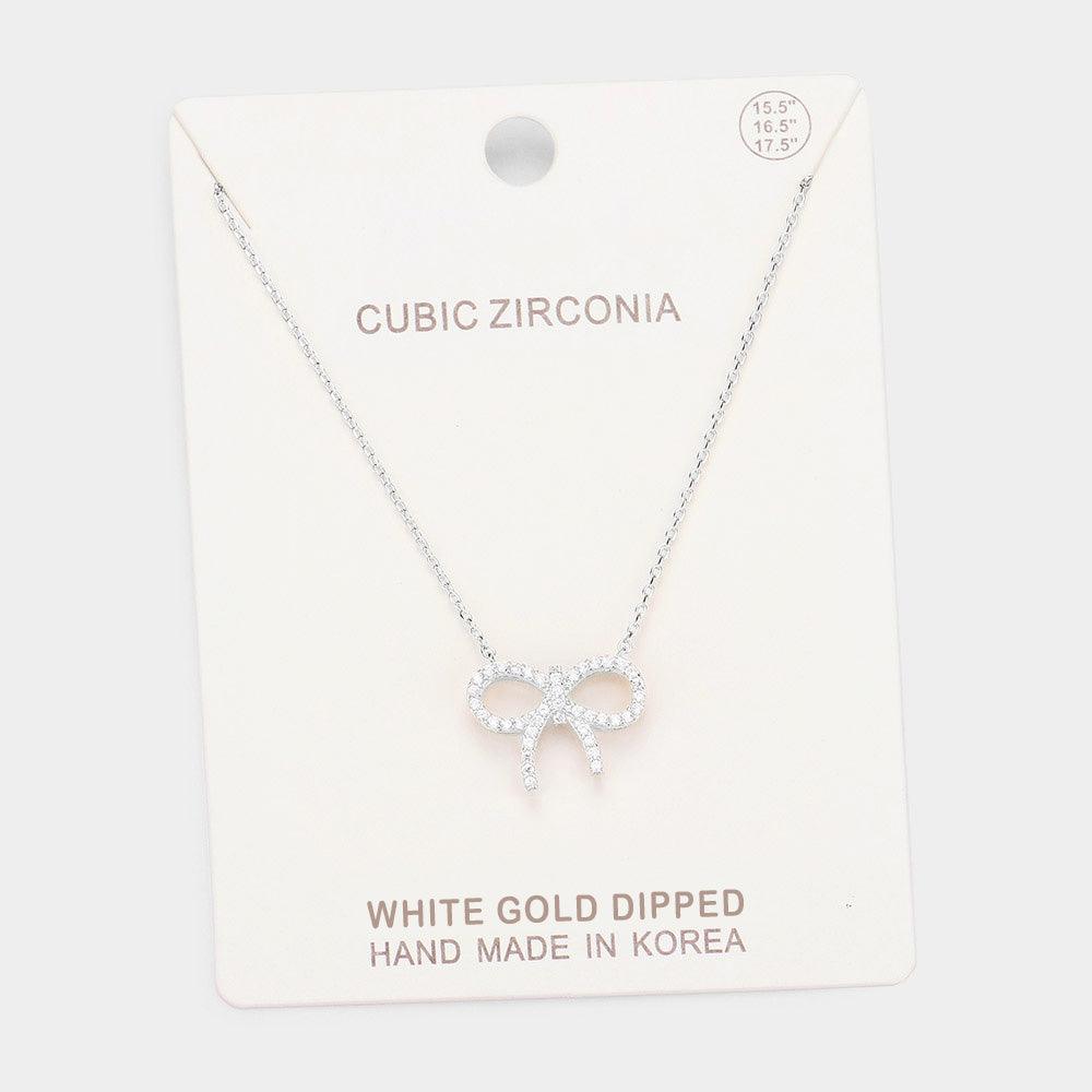 Gold White Gold Dipped Cubic Zirconia Bow Pendant Necklace