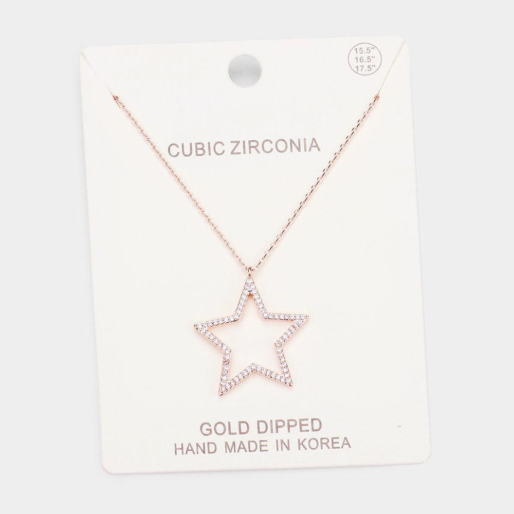 Rose Gold Gold Dipped Cubic Zirconia Open Star Pendant Necklace