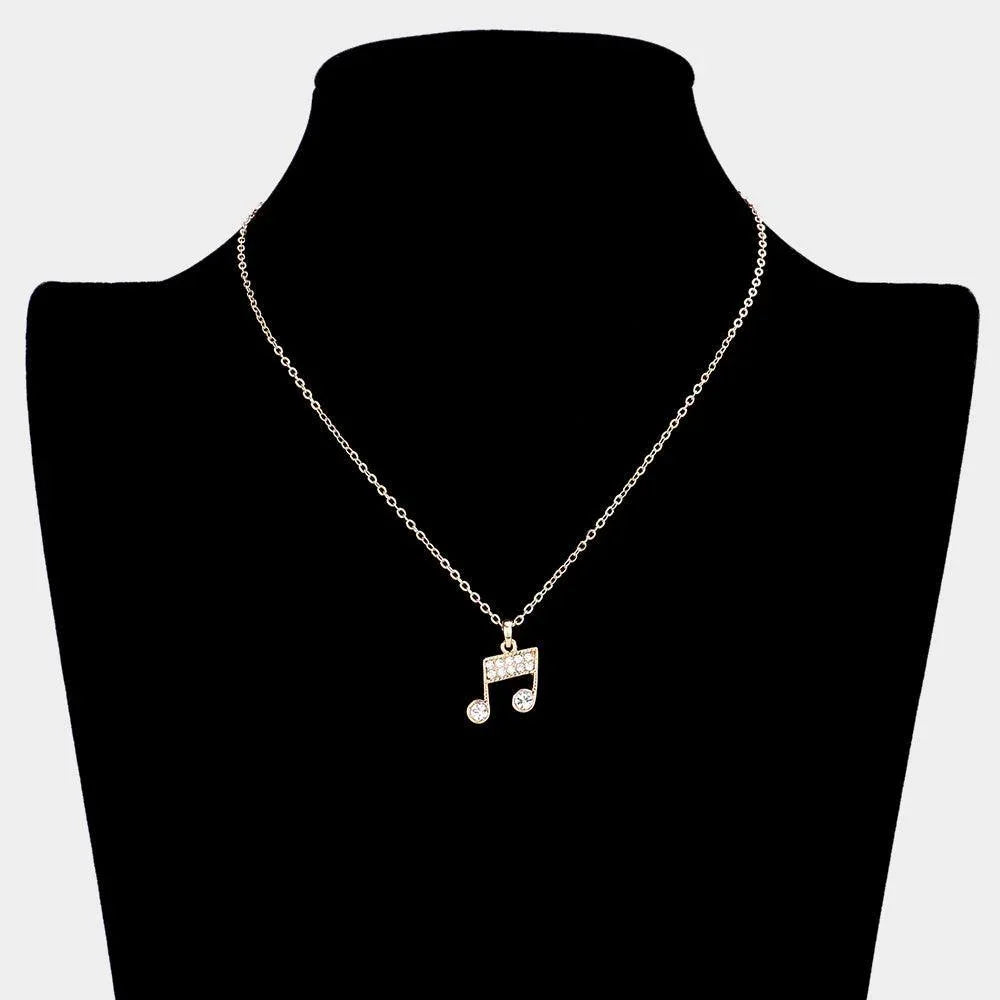 Gold Rhinestone Embellished Metal Music Notes Pendant Necklace - Jewelry Store by Erik Rayo