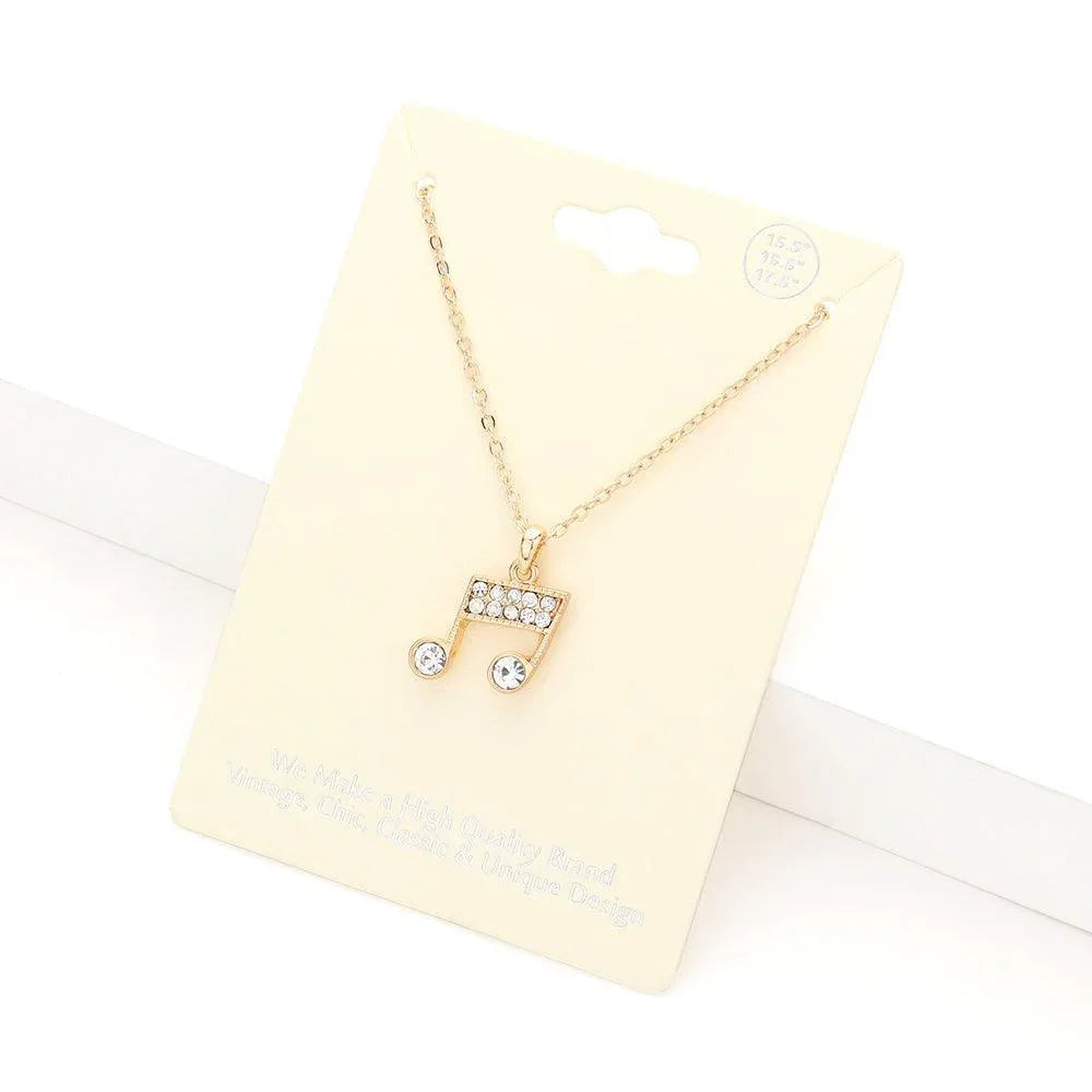 Gold Rhinestone Embellished Metal Music Notes Pendant Necklace - Jewelry Store by Erik Rayo