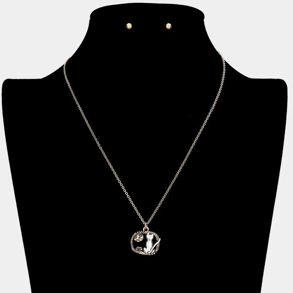 Two Tone Metal Cat Pendant Necklace - Jewelry Store by Erik Rayo