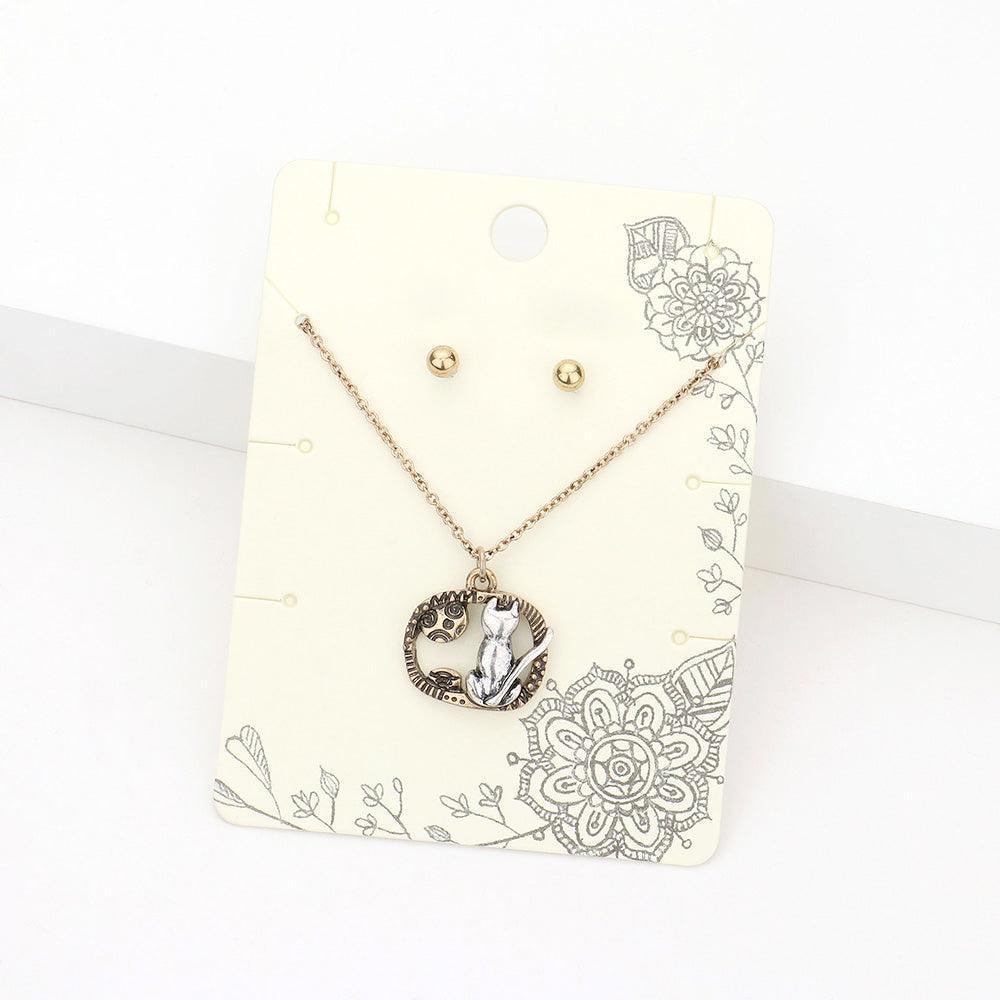 Two Tone Metal Cat Pendant Necklace - Jewelry Store by Erik Rayo
