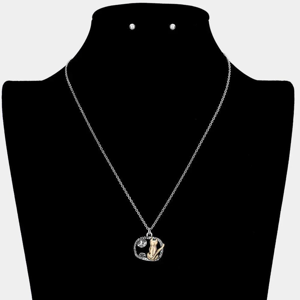 Two Tone Metal Cat Pendant Necklace - Jewelry Store by Erik Rayo