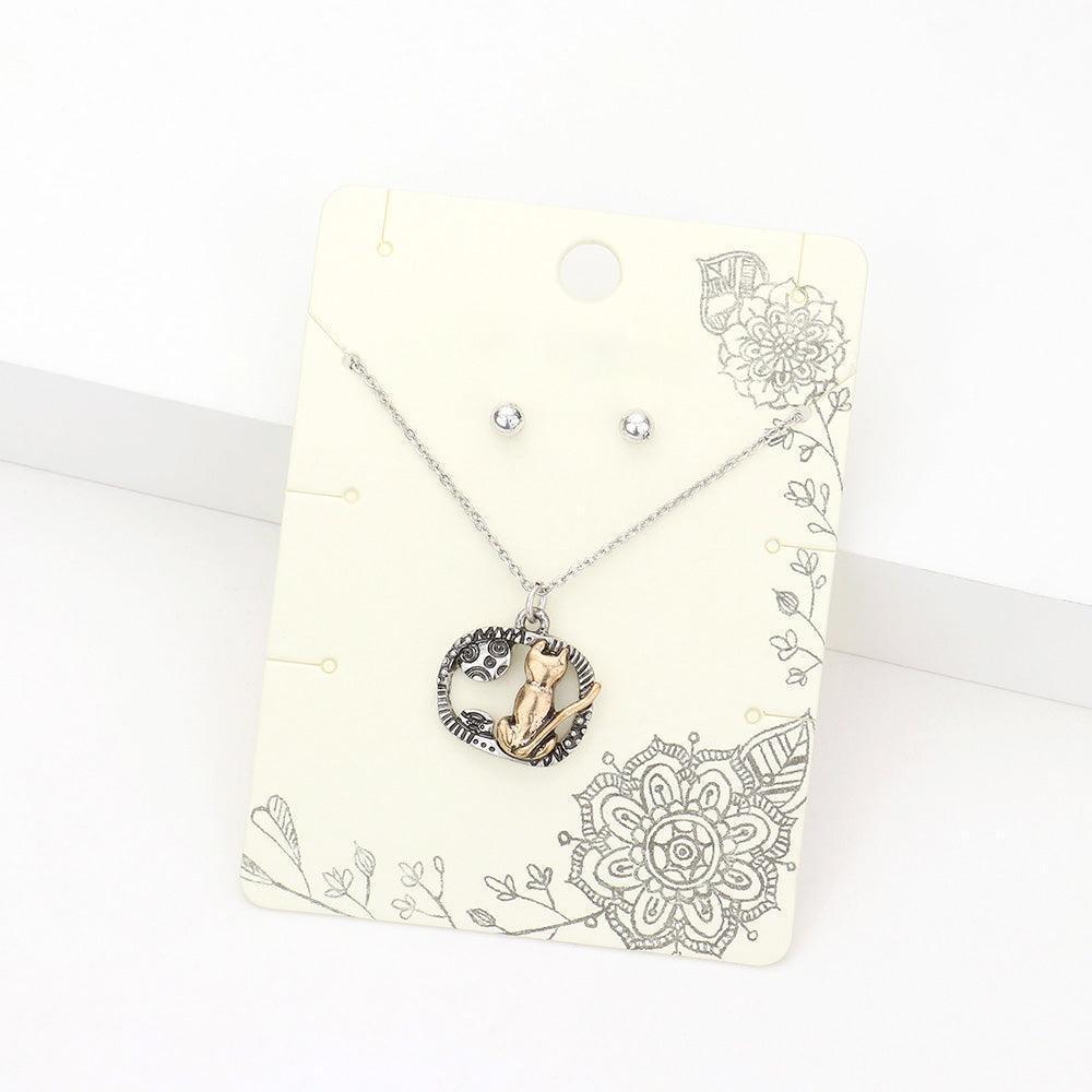 Two Tone Metal Cat Pendant Necklace - Jewelry Store by Erik Rayo