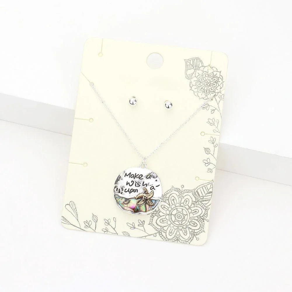 Two Tone Make a Wish Upon a Starfish Message Abalone Metal Pendant Necklace