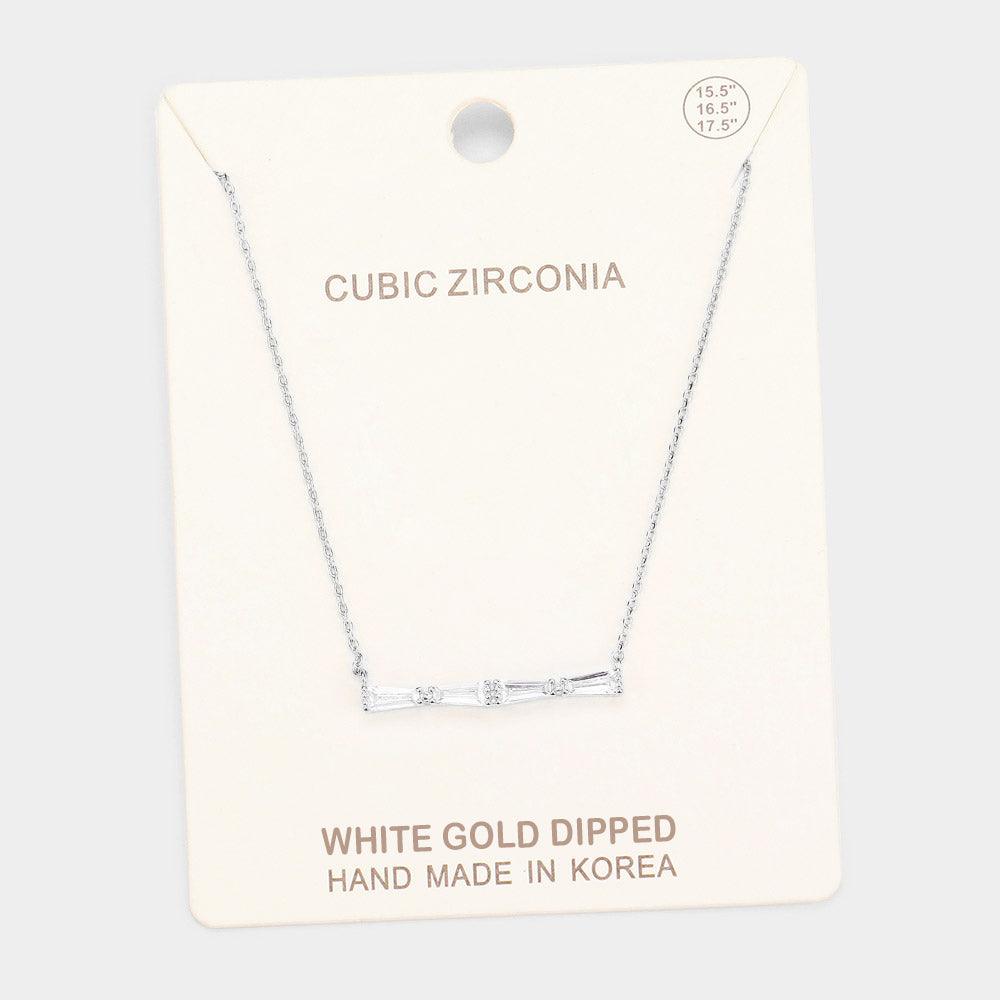 Clear White Gold Dipped Cubic Zirconia Row Pendant Necklace