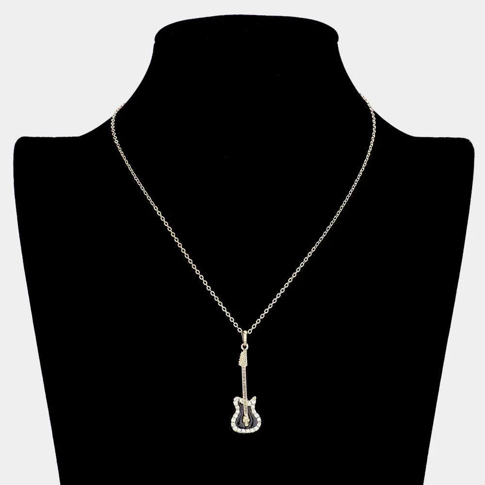 Gold Rhinestone Embellished Enamel Guitar Pendant Necklace - Jewelry Store by Erik Rayo