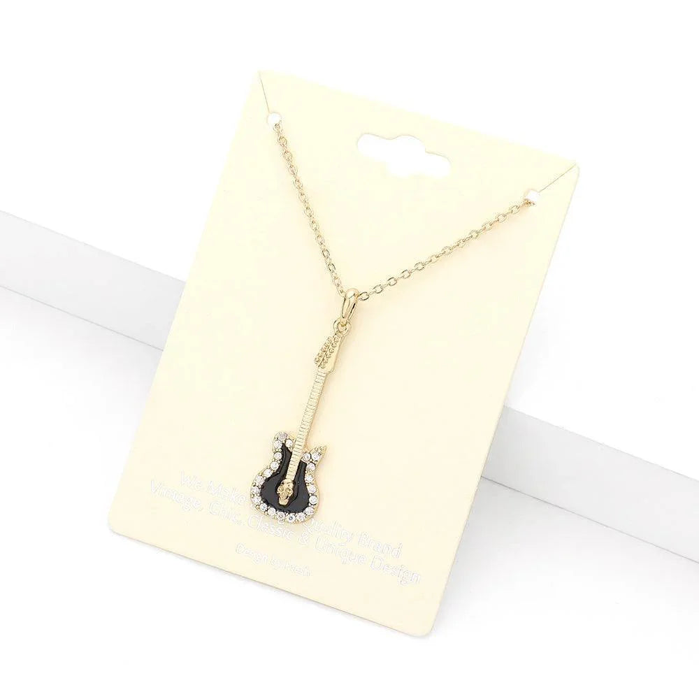 Gold Rhinestone Embellished Enamel Guitar Pendant Necklace - Jewelry Store by Erik Rayo