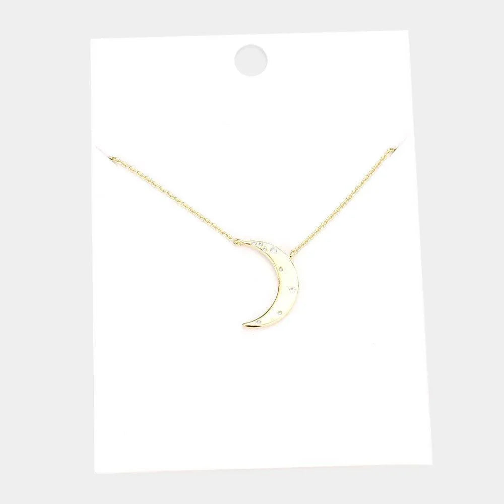 Gold Rhinestone Embellished Brass Metal Crescent Moon Pendant Necklace - Jewelry Store by Erik Rayo