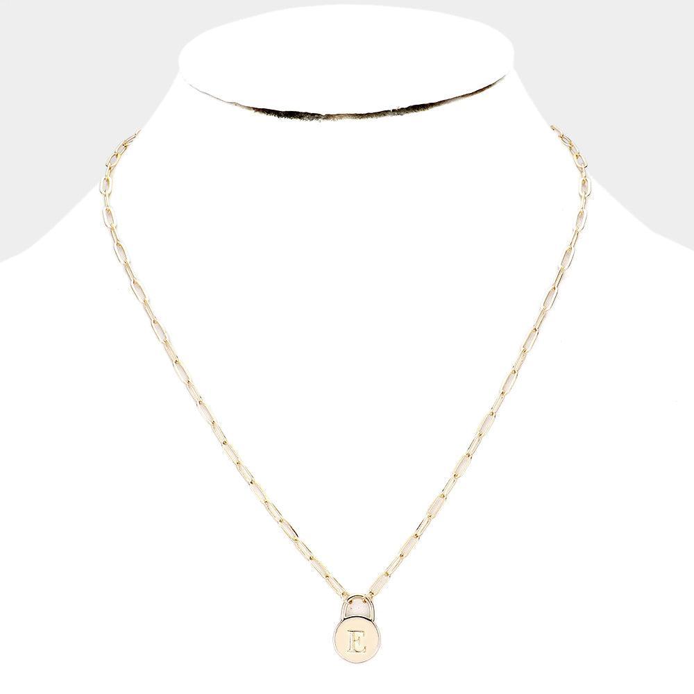 Letter E Brass Metal Monogram Lock Pendant Necklace - Jewelry Store by Erik Rayo