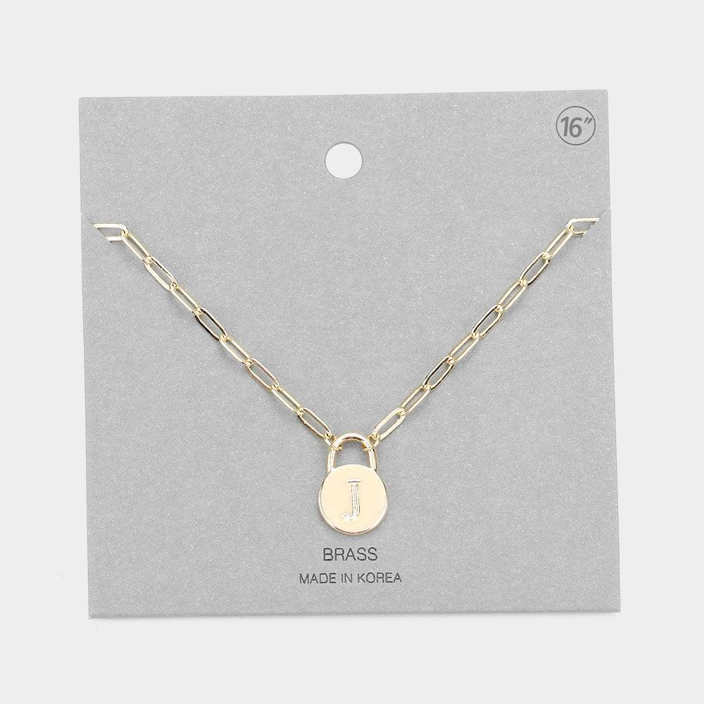 Letter J Brass Metal Monogram Lock Pendant Necklace - Jewelry Store by Erik Rayo