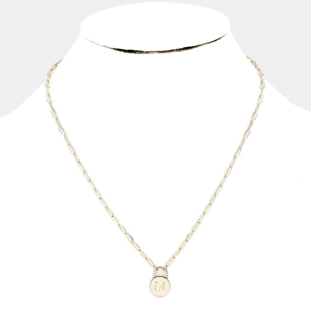 Letter M Brass Metal Monogram Lock Pendant Necklace - Jewelry Store by Erik Rayo