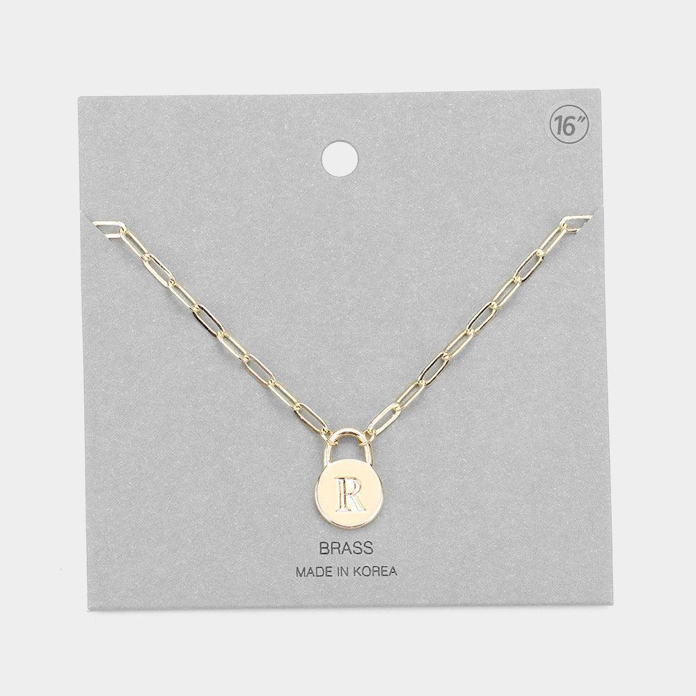 Gold -R- Brass Metal Monogram Lock Pendant Necklace - Jewelry Store by Erik Rayo