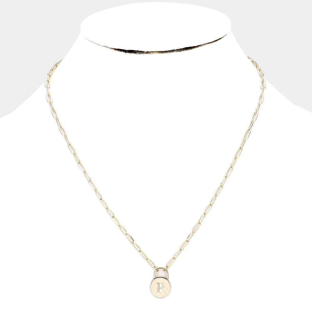 Gold -R- Brass Metal Monogram Lock Pendant Necklace - Jewelry Store by Erik Rayo