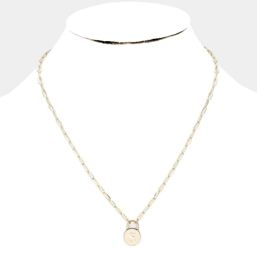 Letter S Brass Metal Monogram Lock Pendant Necklace - Jewelry Store by Erik Rayo
