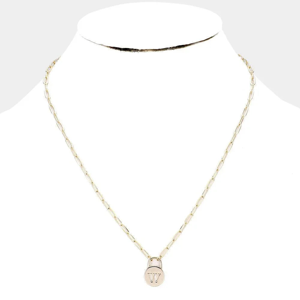 Letter W Brass Metal Monogram Lock Pendant Necklace - Jewelry Store by Erik Rayo