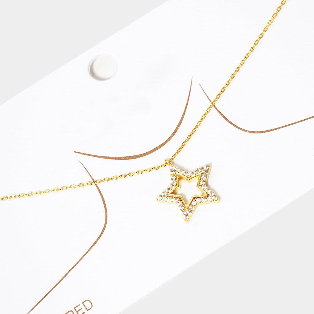 Gold Gold Dipped Rhinestone Embellished Star Pendant Necklace