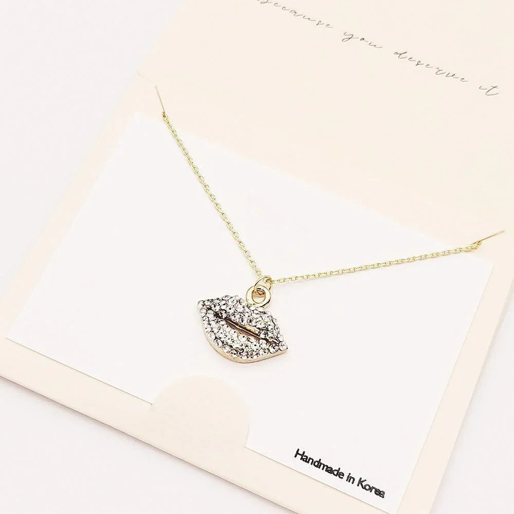Gold Rhinestone Embellished Lips Pendant Necklace - Jewelry Store by Erik Rayo