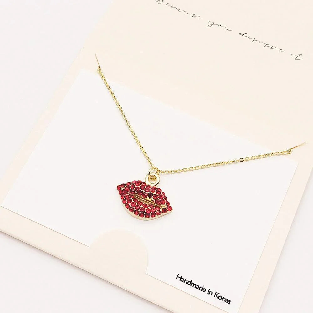 Red Rhinestone Embellished Lips Pendant Necklace - Jewelry Store by Erik Rayo