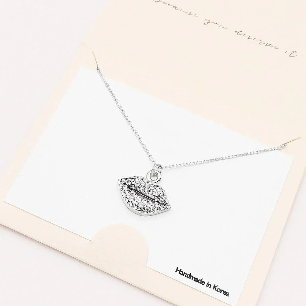 Silver Rhinestone Embellished Lips Pendant Necklace - Jewelry Store by Erik Rayo