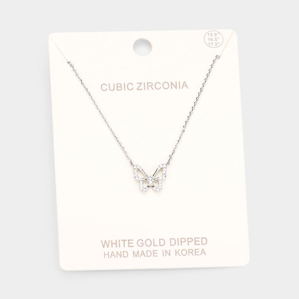 Gold White Gold Dipped CZ Butterfly Pendant Necklace