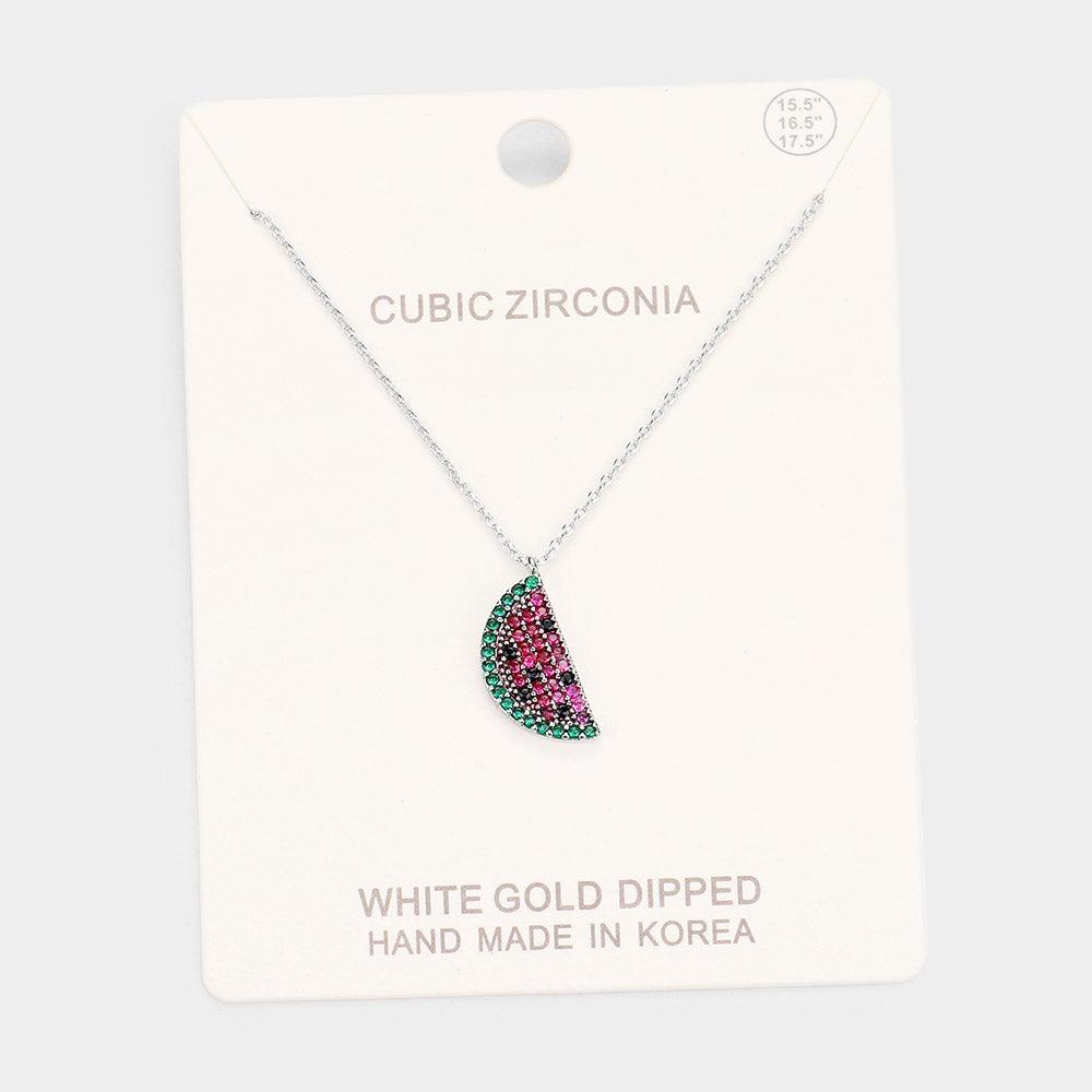 Red White Gold Dipped CZ Watermelon Pendant Necklace