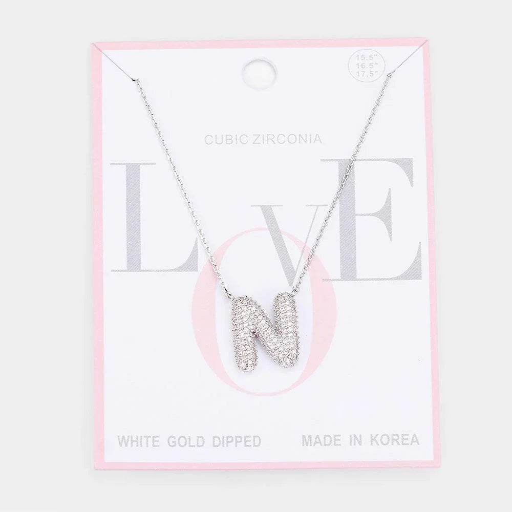 Letter N White Gold Dipped CZ Monogram Pendant Necklace - Jewelry Store by Erik Rayo