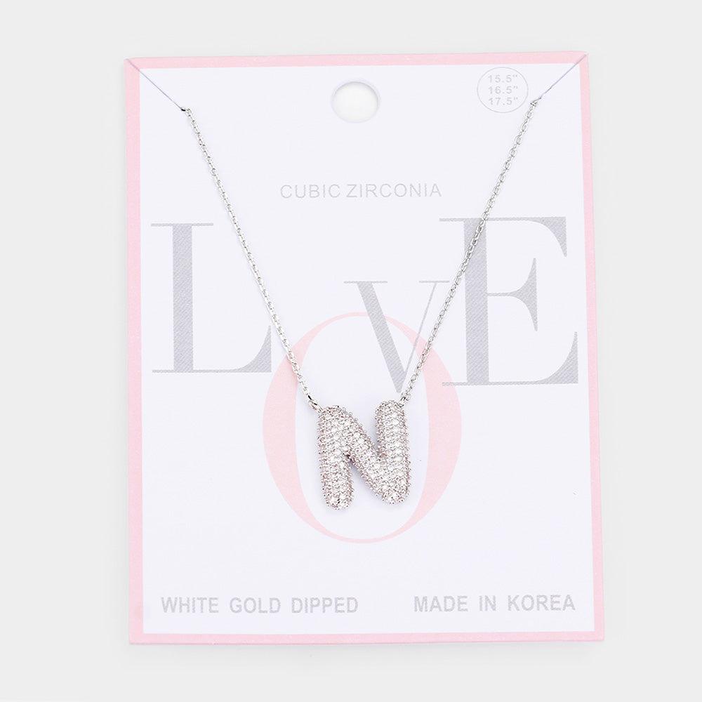 Letter N White Gold Dipped CZ Monogram Pendant Necklace