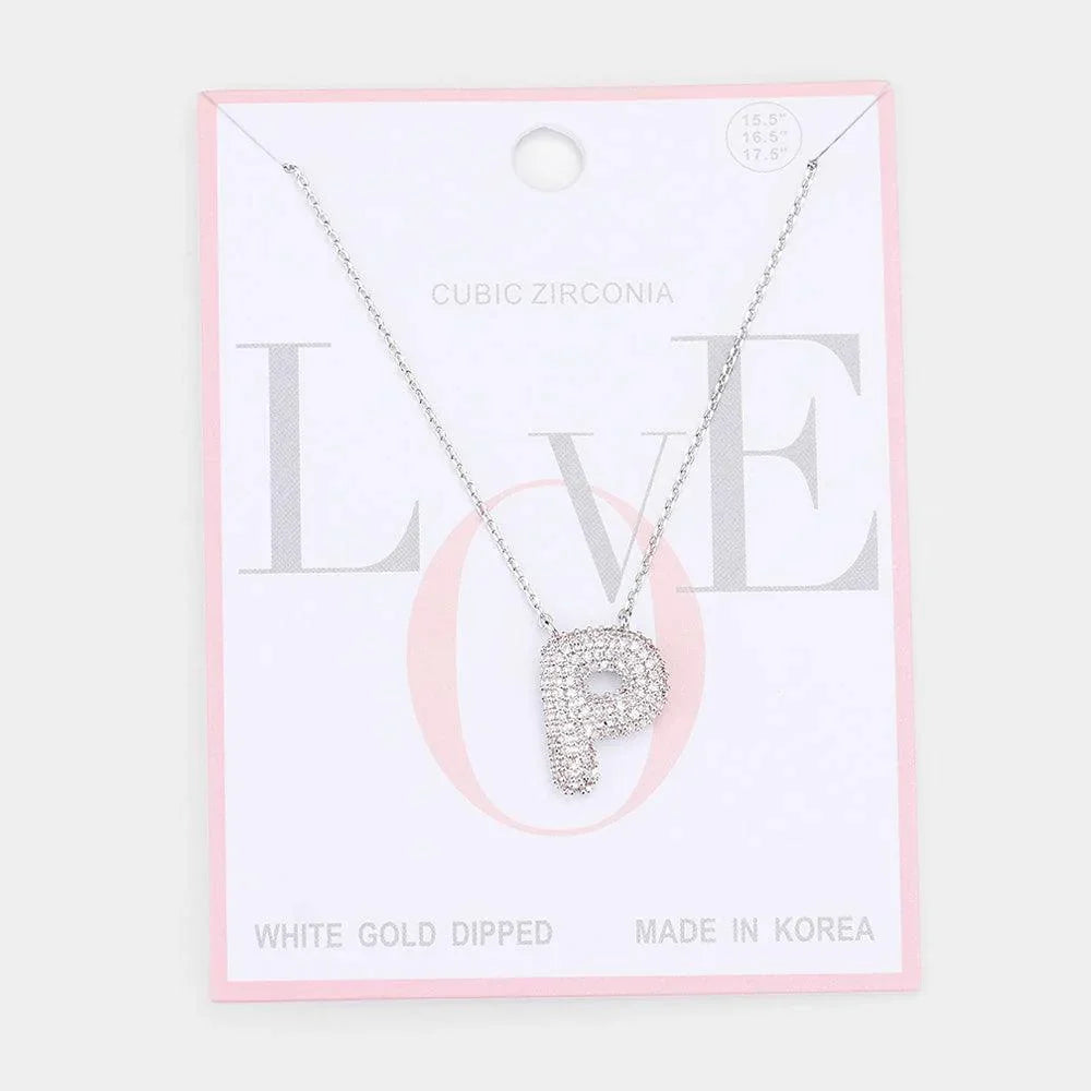 Letter P White Gold Dipped CZ Monogram Pendant Necklace - Jewelry Store by Erik Rayo