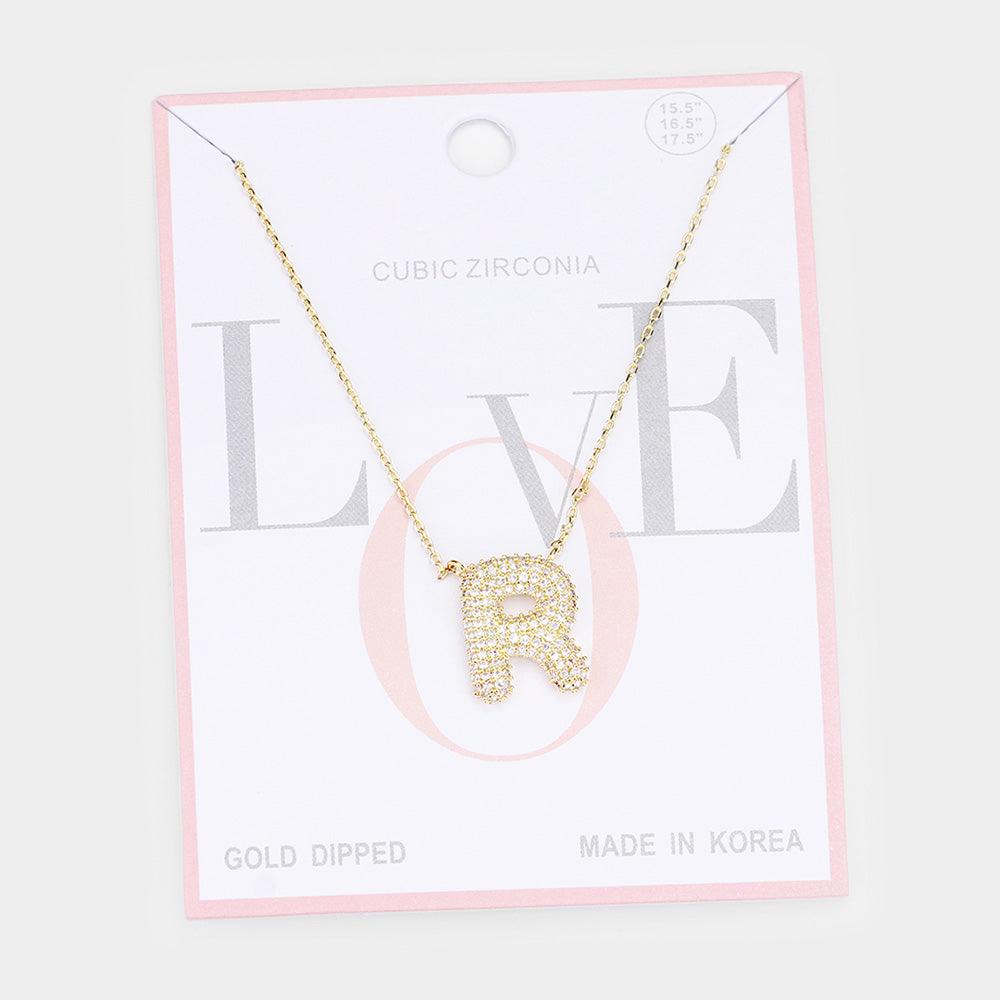 Gold -R- Gold Dipped CZ Monogram Pendant Necklace