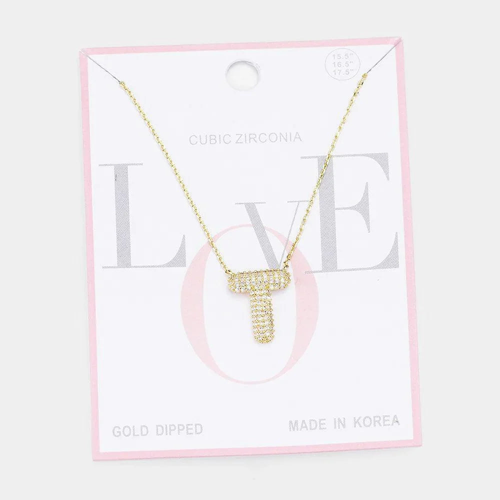 Letter T Gold Dipped CZ Monogram Pendant Necklace - Jewelry Store by Erik Rayo