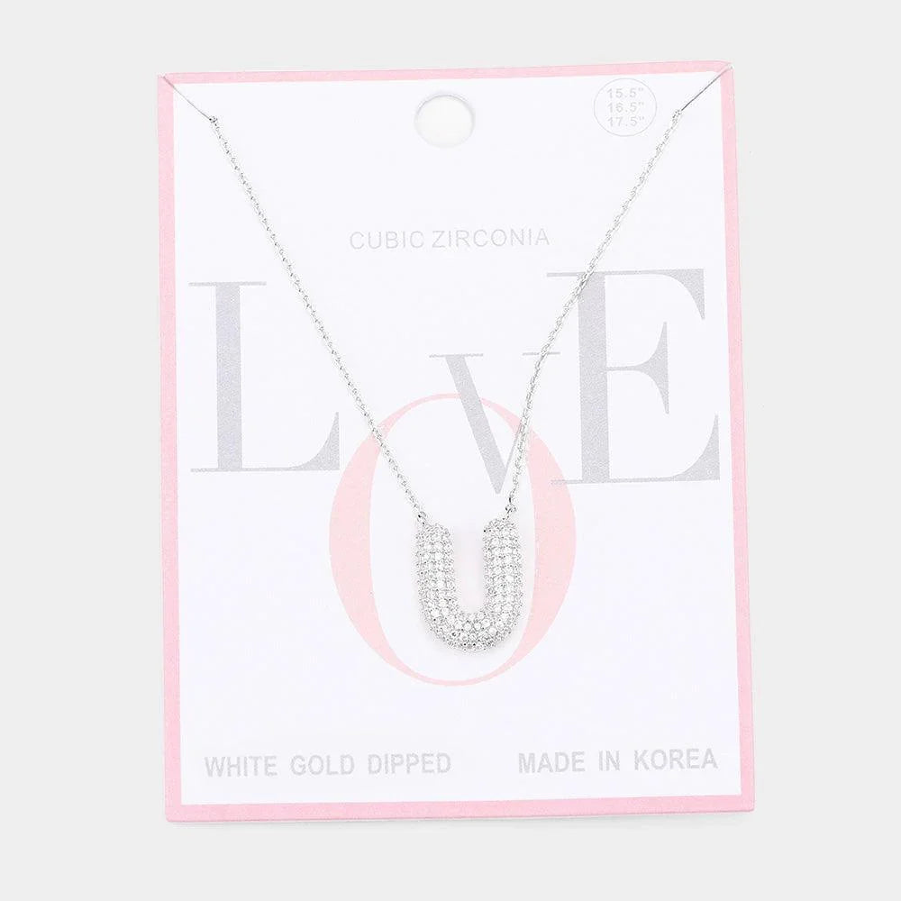 Letter U White Gold Dipped CZ Monogram Pendant Necklace - Jewelry Store by Erik Rayo