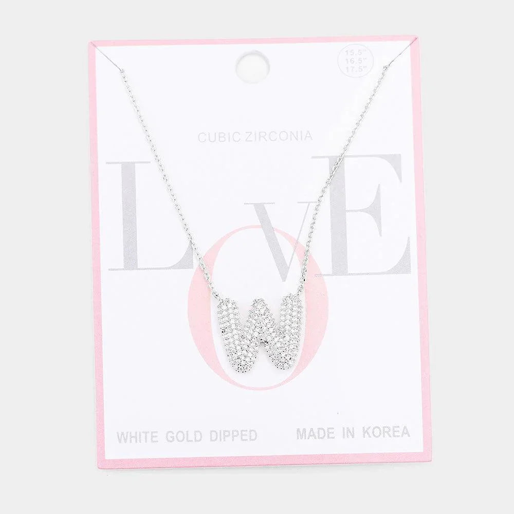 Letter W White Gold Dipped CZ Monogram Pendant Necklace - Jewelry Store by Erik Rayo